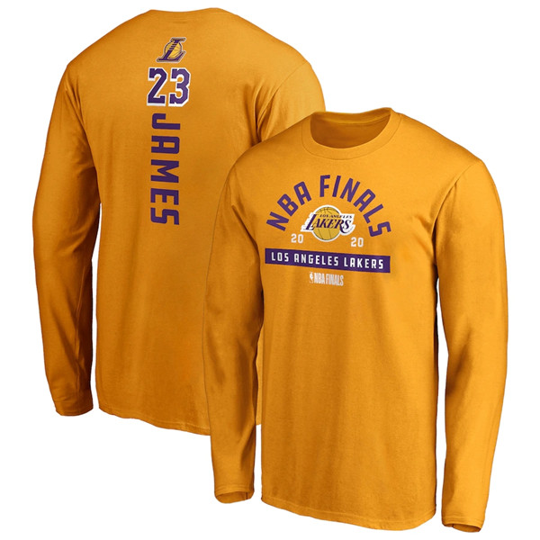 Men's Los Angeles Lakers LeBron James Gold 2020 Finals Bound Name & Number Long Sleeve NBA T-Shirt